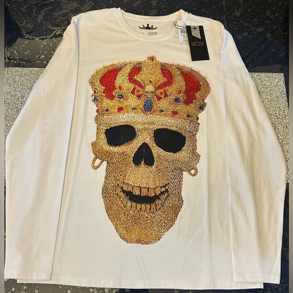Heads or Tails Gold  Rhinestone Skull Crown Graphic Men's  long Sleeves Shirt